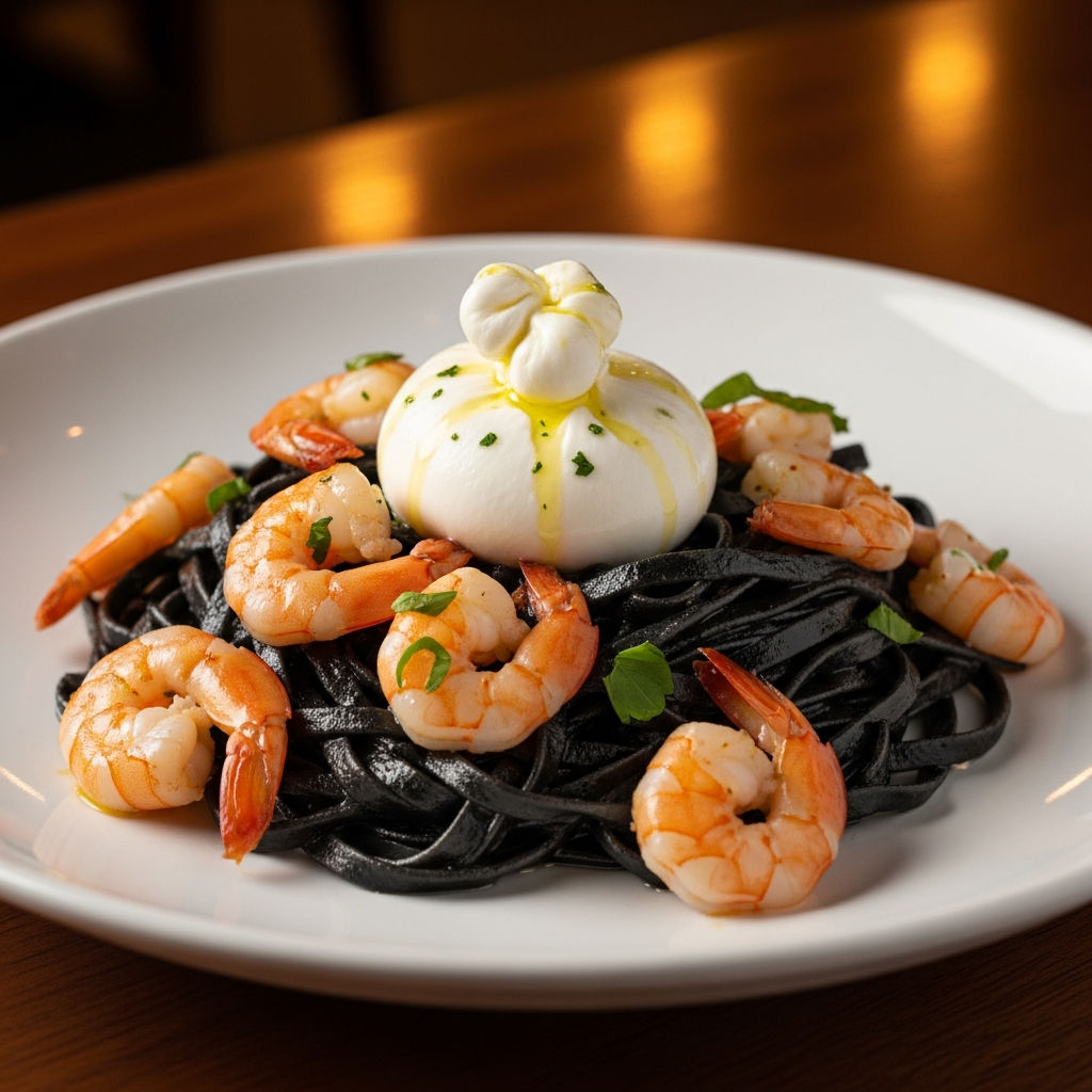 Tagliolini Al Nero Di Seppia Con Gamberi E Burrata