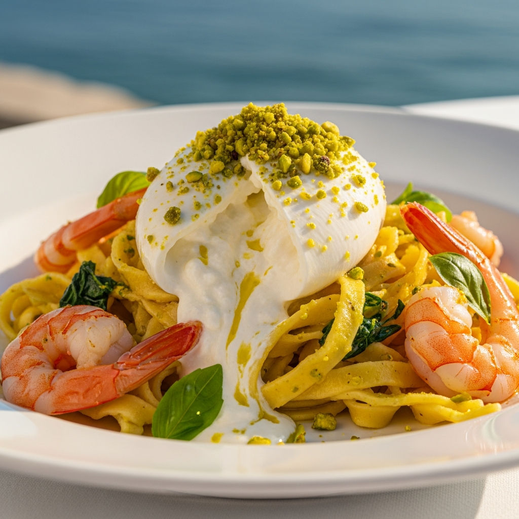 Pasta Fatta In Casa Con Gamberi, Burrata Di Castelbuono E Pistacchio