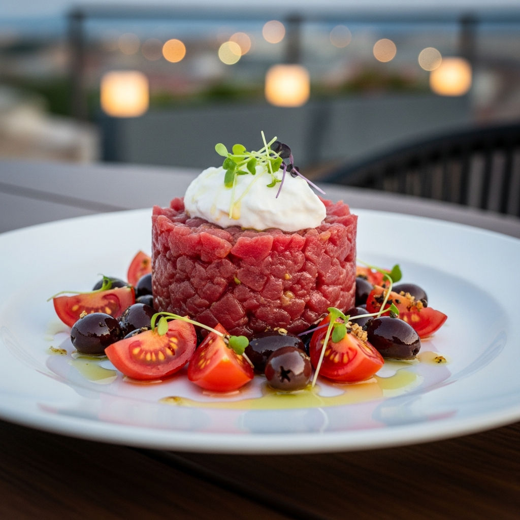 Tartare Di Tonno Con Pomodori Datterini, Yogurt Greco E Olive Taggiasche