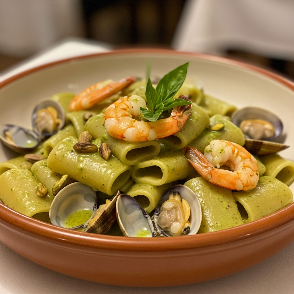 Paccheri Al Pistacchio Con Gamberi E Vongole