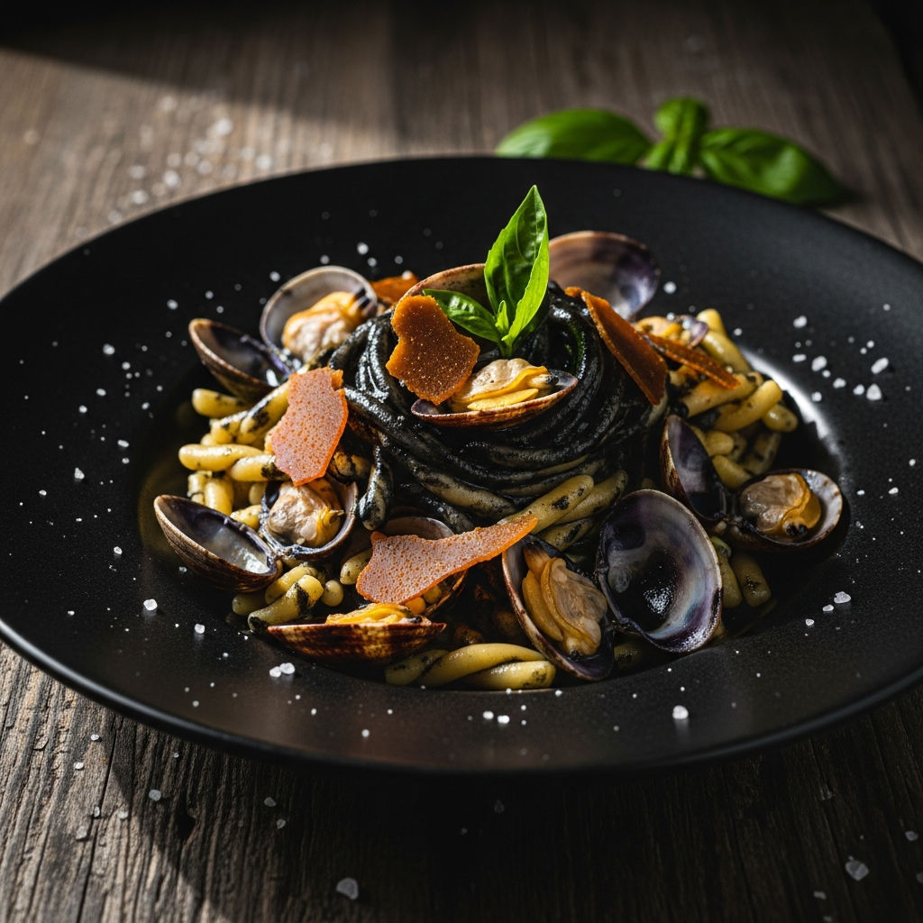 Troffiette Al Nero Di Seppia Vongole E Bottarga