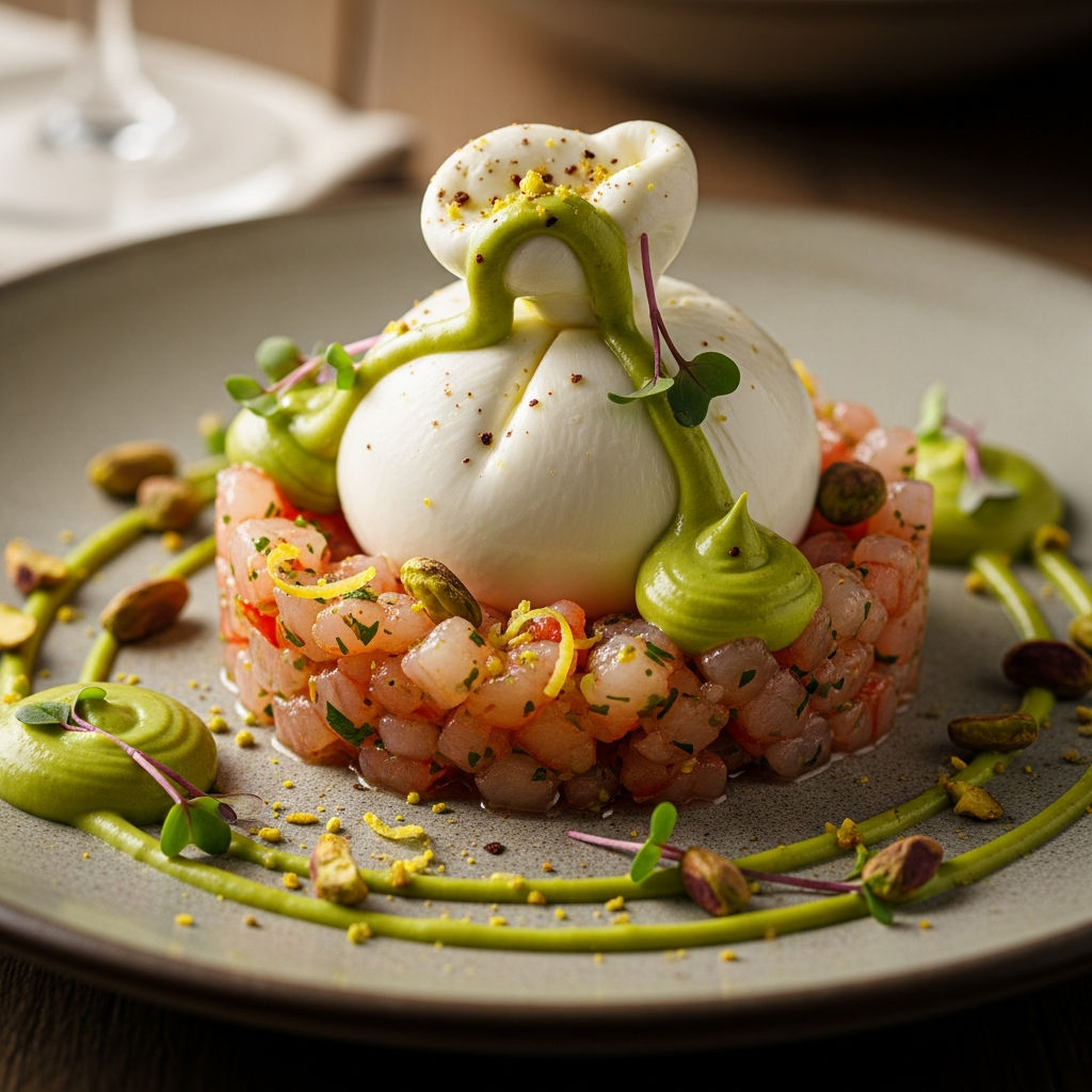 Burrata Con Tartare Di Gambero E Crema Di Pistacchio