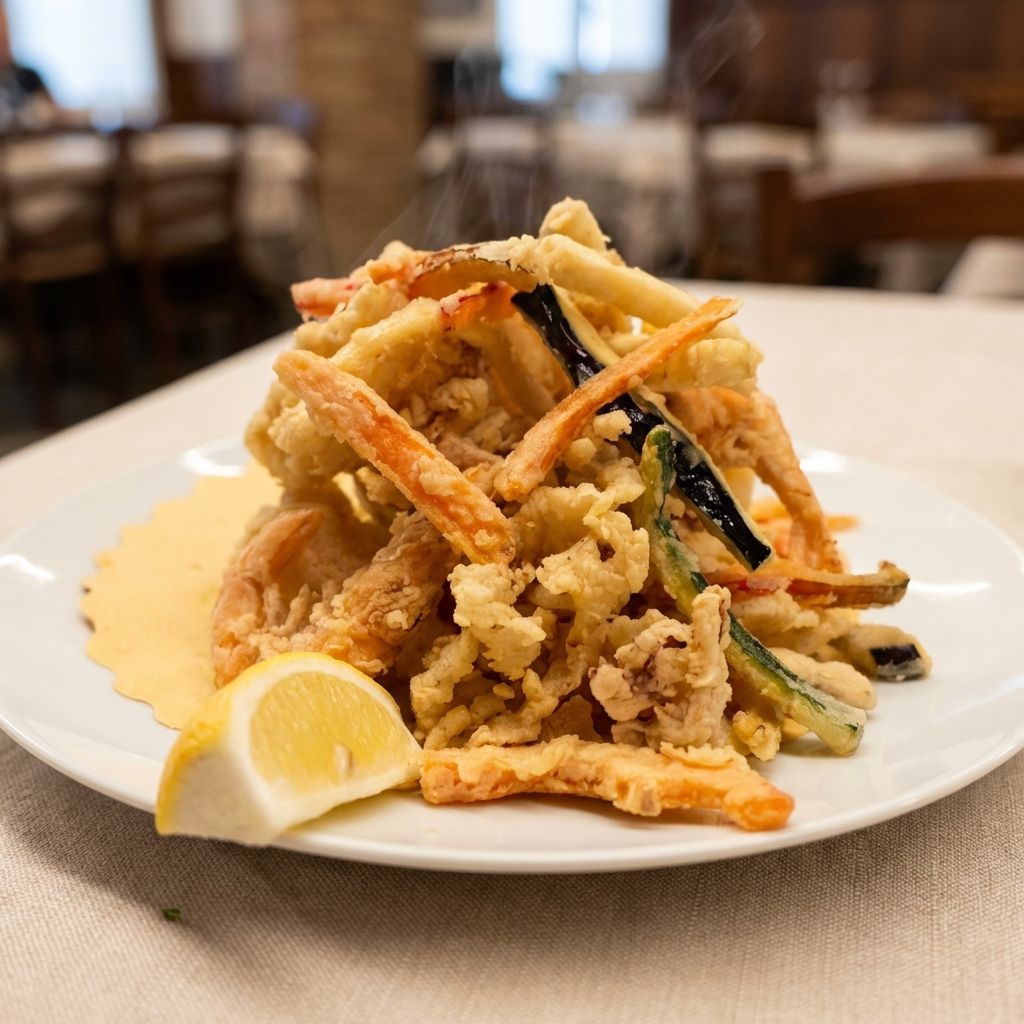 Fritto Misto Con Totani, Gamberi E Verdure Fritte