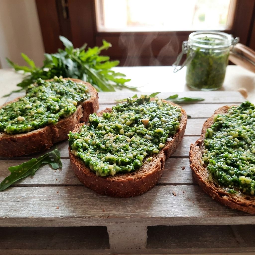 Crostini Con Il Pesto Di Rucola, Parmigiano E Granella Di Nocciola