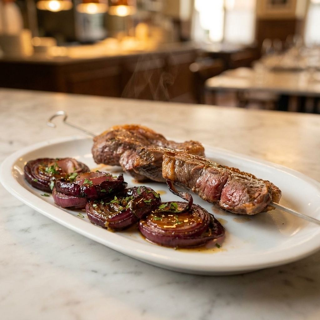 Spiedo Di Picanha Alla Griglia Con Cipolla Rossa Alla Brace