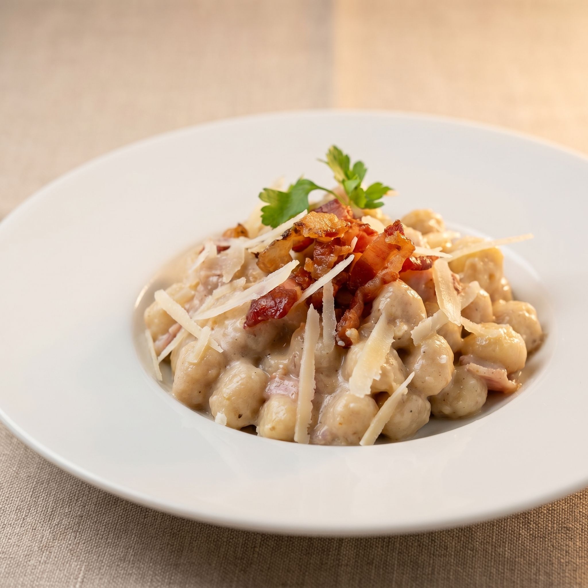 Gnocchetti Crema Di Noci, Spek Croccante E Scaglie Di Ricotta Affumicata