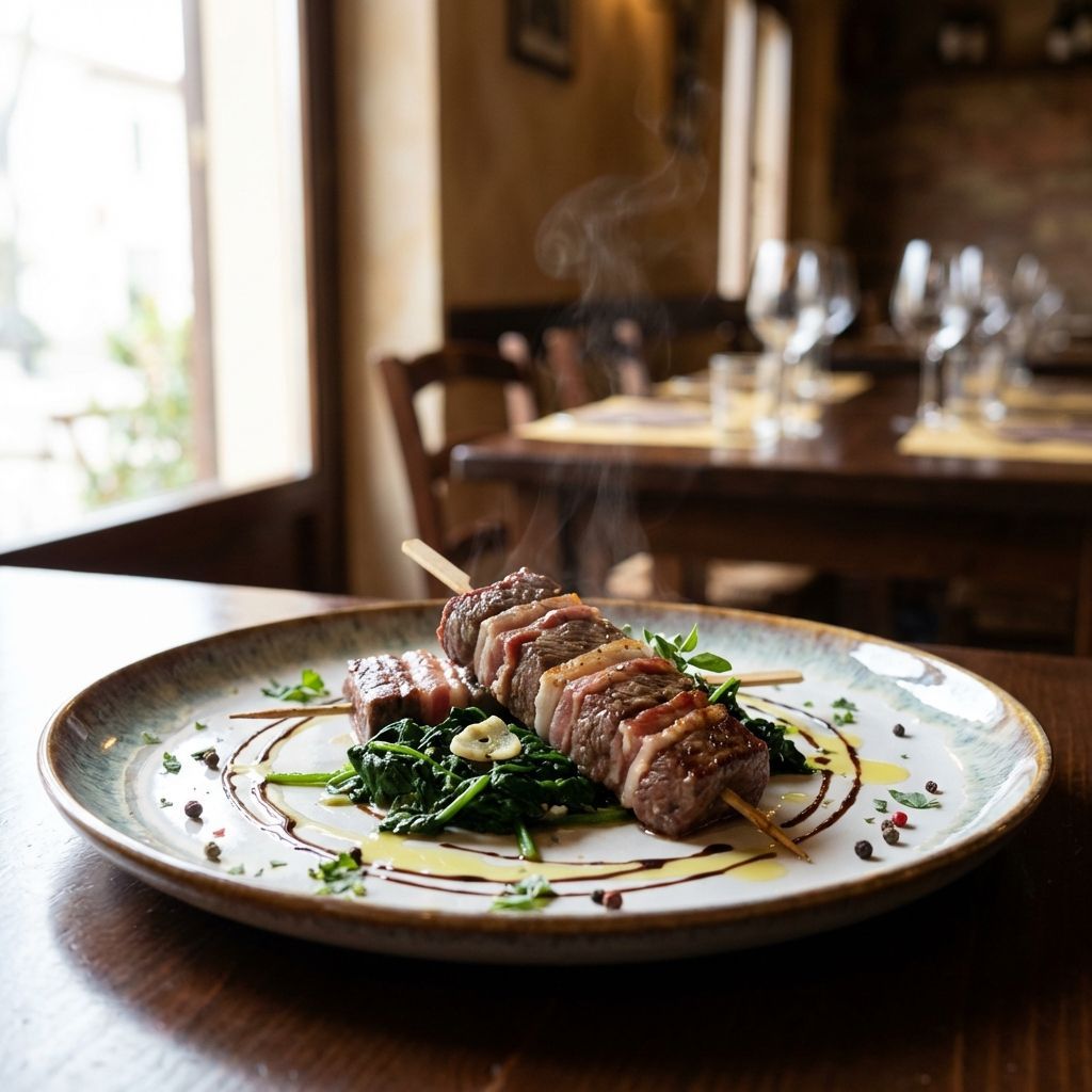 Spiedini "millefoglie" Di Manzo E Pancetta Con Spinaci Saltati