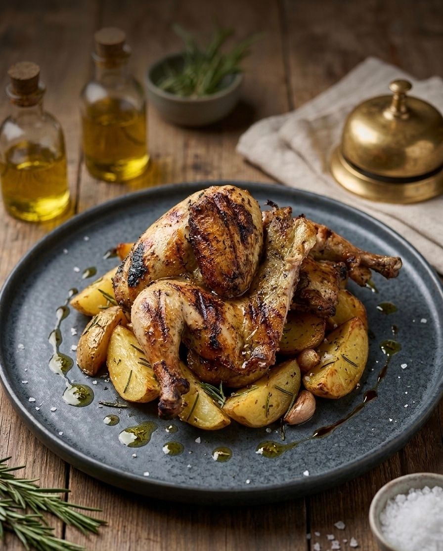 Galletto Nostrano Alla Piastra Con Riduzione Di Vin Santo E Patate Al Rosmarino