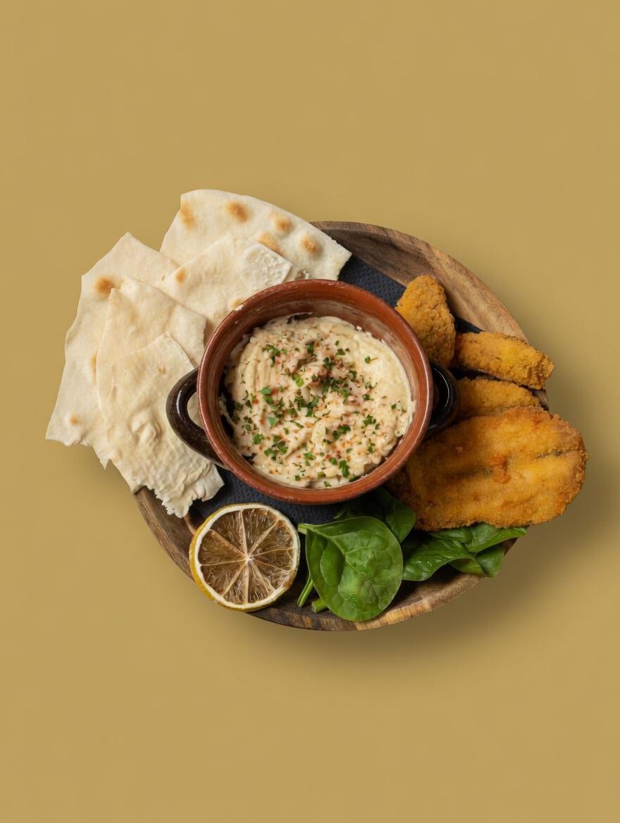 Hummus Di Ceci Pane Carasau E Alici Fritte