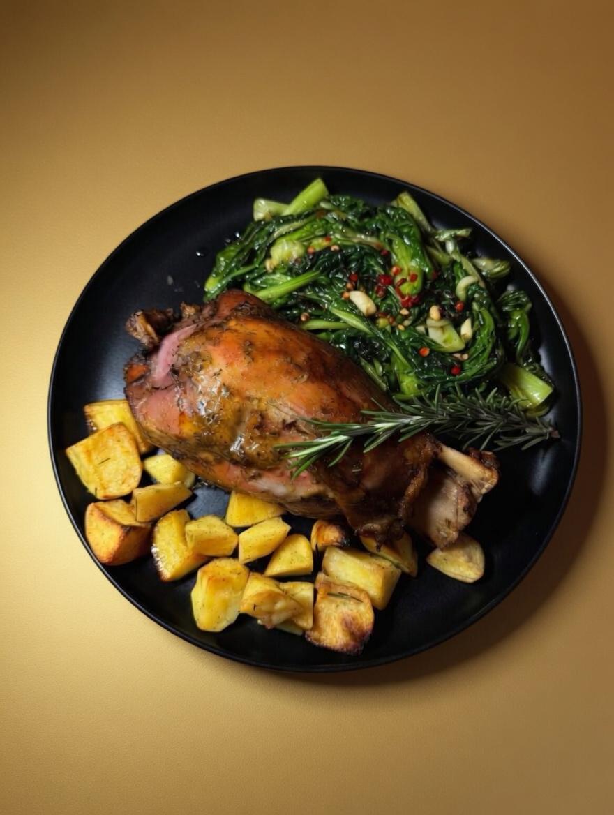 Stinco Di Suino Con Patate Al Forno E Cicoria
