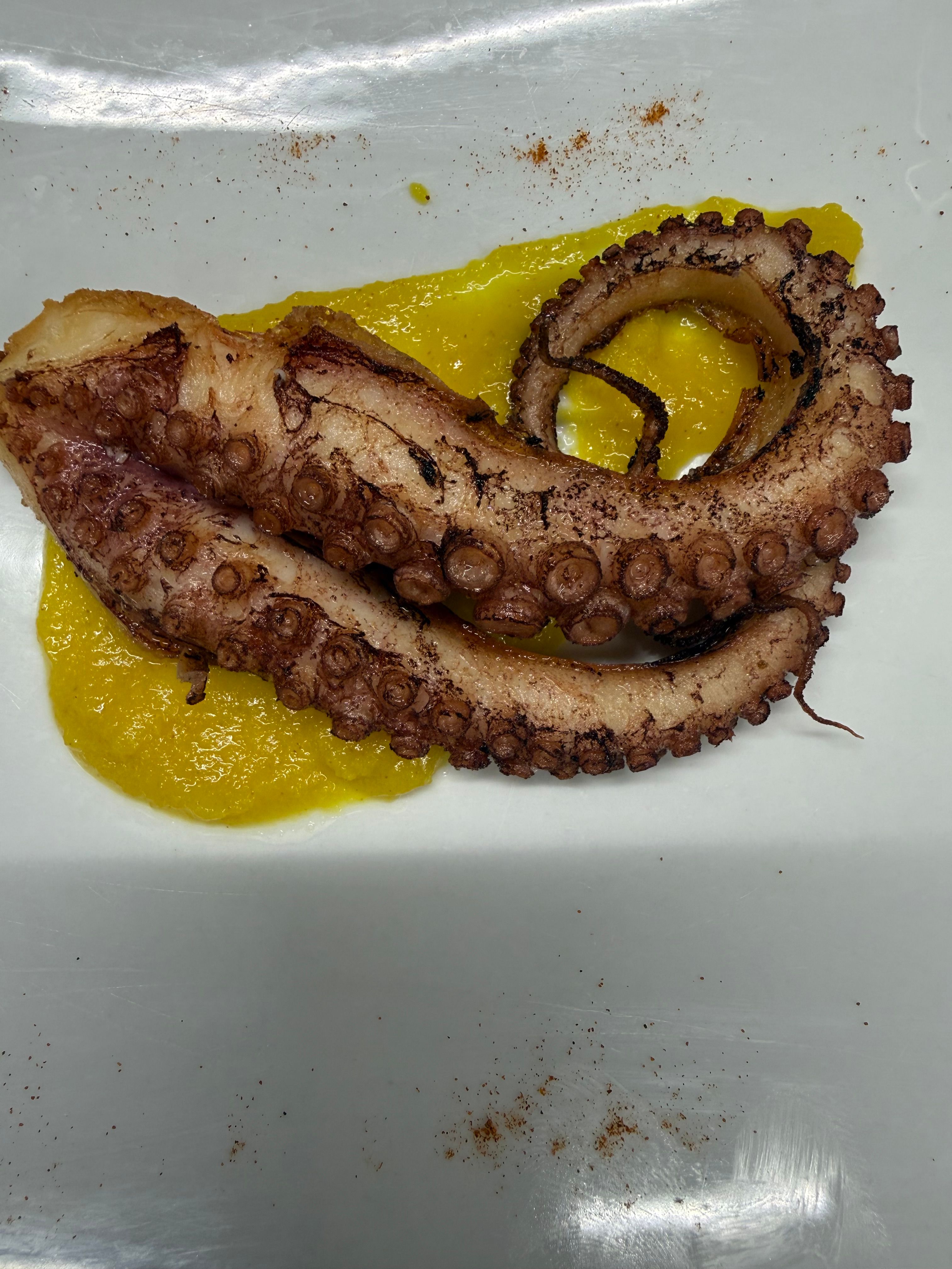 Polpo Cotto A Bassa Temperatura Su Vellutata Di Patate Alla Curcuma