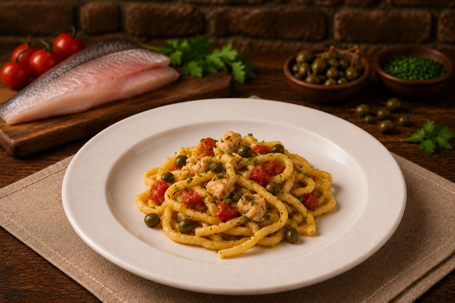 Tonnarelli Alla Spigola, Capperi, Pomodorini E Lime
