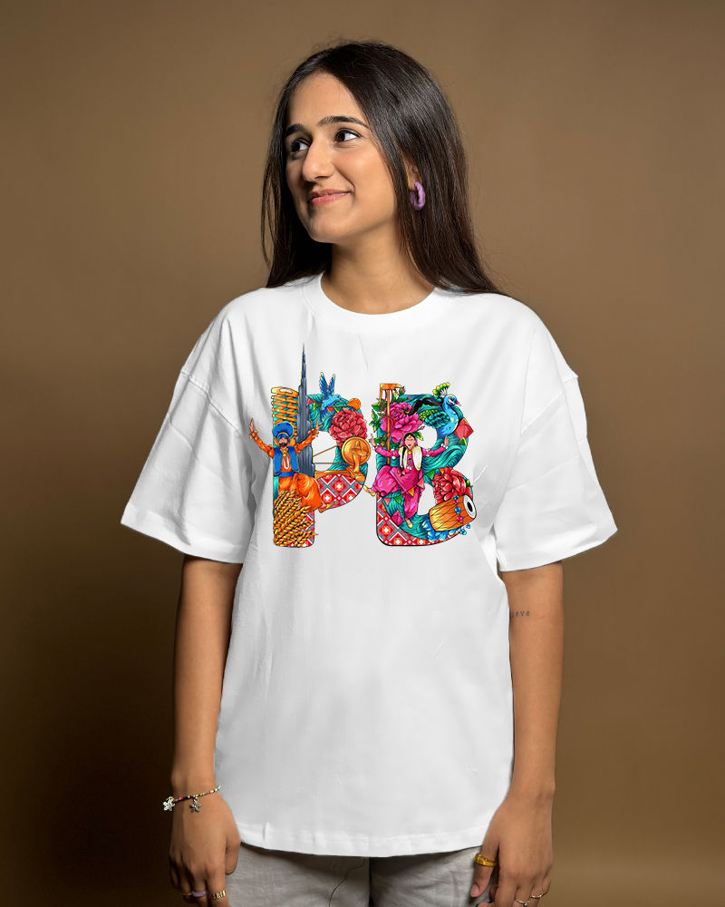 PB Logo 3D Design Front Graphic Print Oversized Tshirt - White