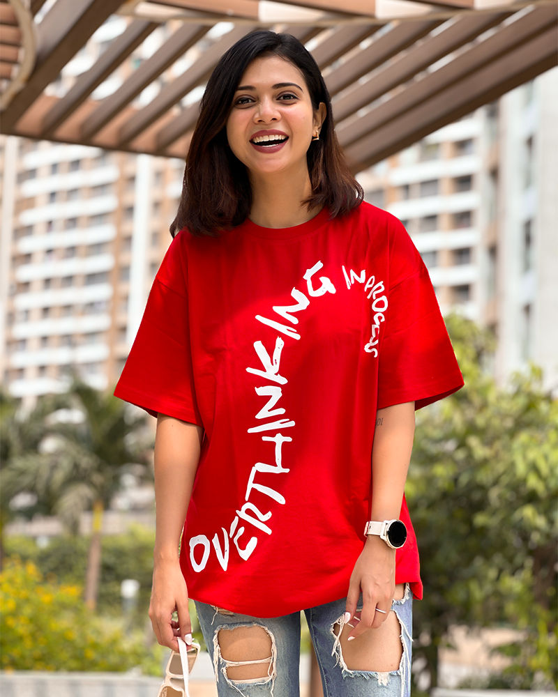 Over Thinking Red Cotton Oversized Tshirt