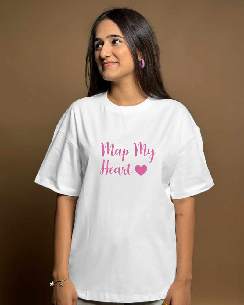 Map My Heart Pink Text White Oversized Tshirt