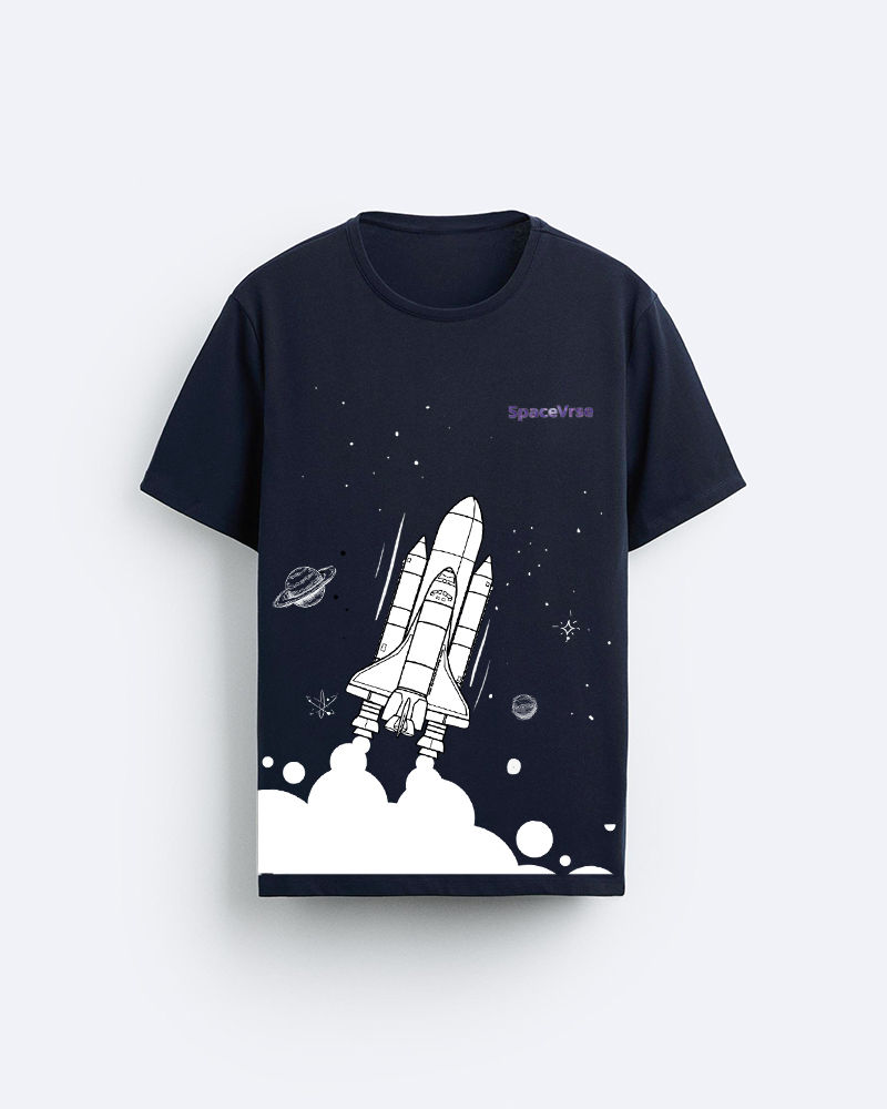 Rocket Launch Navy Blue Round Neck Cotton Tshirt