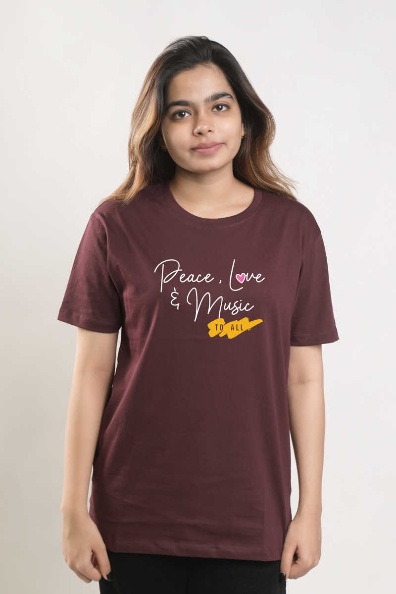 Peace, Love and Music for All Tshirt - Sangria Maroon