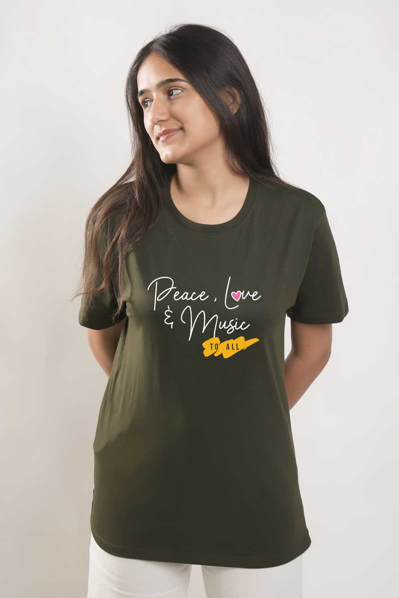 Peace, Love and Music for All Tshirt - Military Green