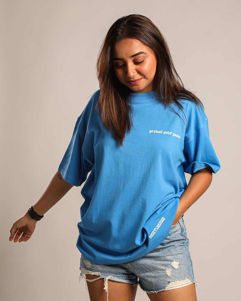 Protect your peace oversized relaxed fit front & back print tshirt - Sky blue 