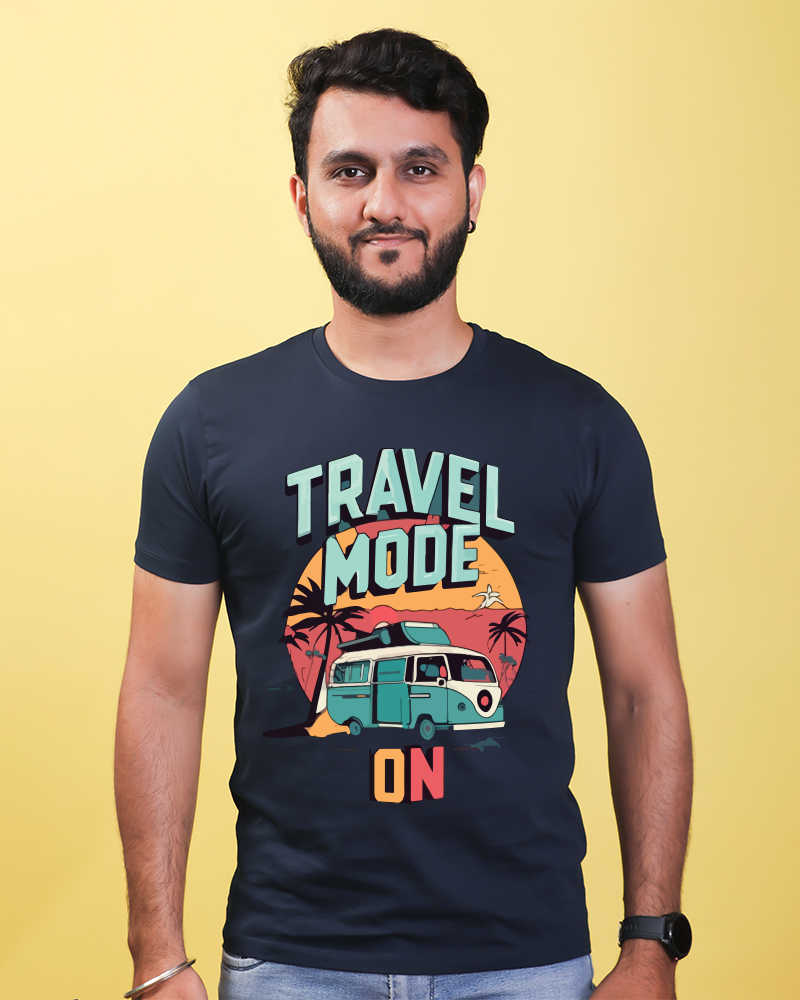 Travel Mode On Front & Back Print Navy Blue Regular Tshirt