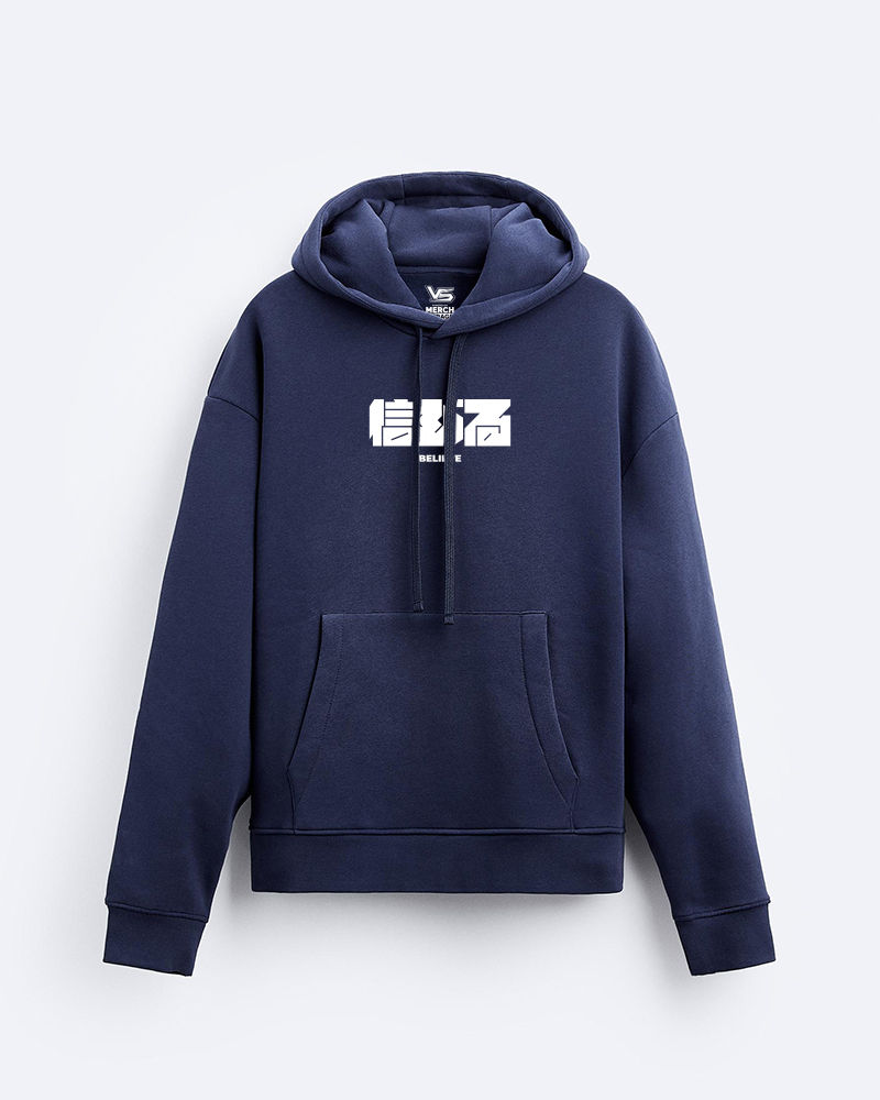 Believe Navy Blue Fleeced Kangaroo Pockets Hoodie (FnB)