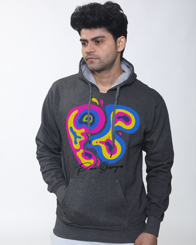 PB Logo Front & Back Graphic Print Fleeced kangaroo pockets Hoodie - Heather Charcoal 