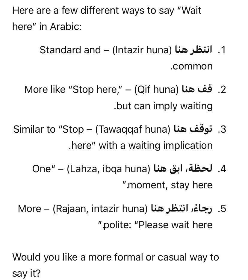 How to say wait here in arabic