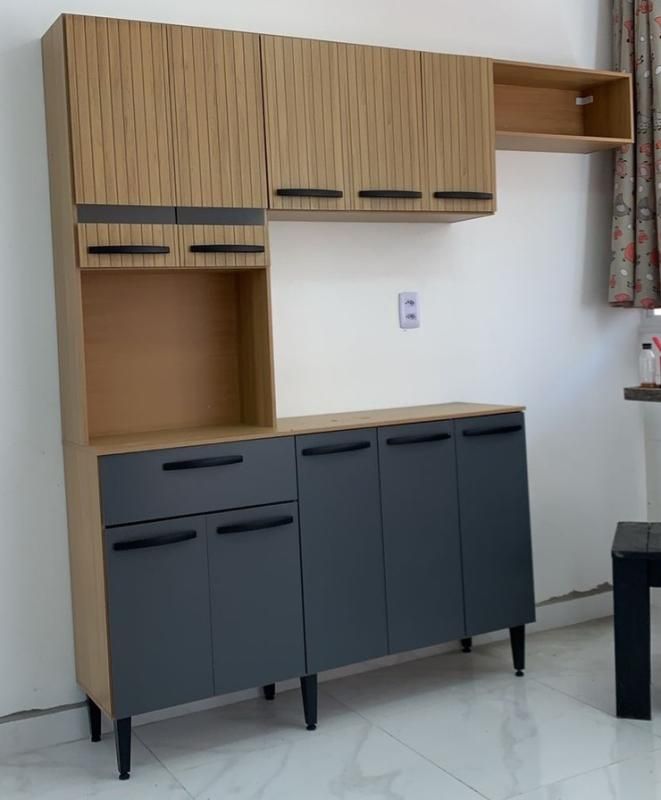 Armário De Cozinha Completo Com 10 Portas E 1 Gaveta Dora Compacto Cor Ripado Grafite - Maxi Do Brasil