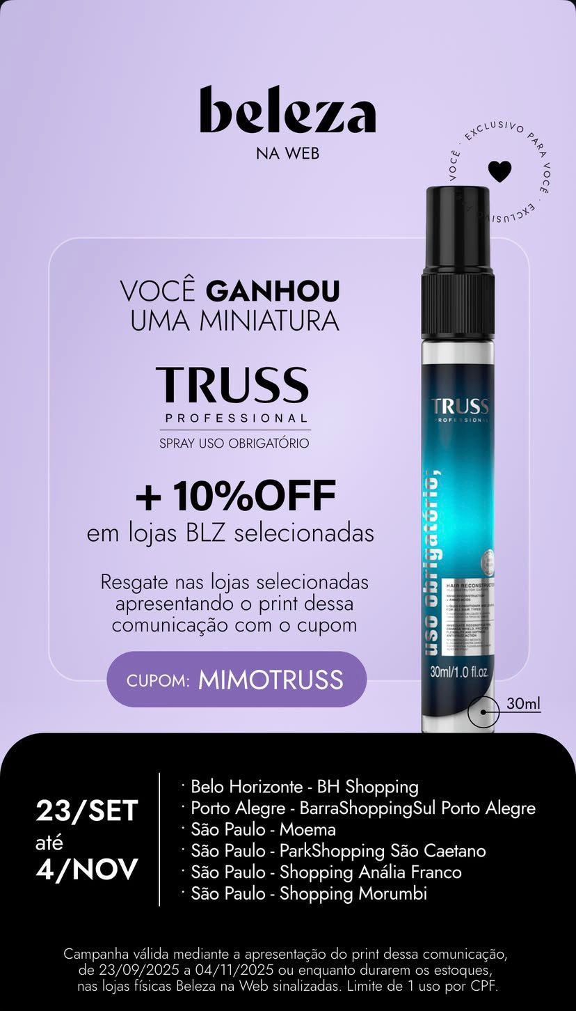 Beleza na Web distribui Miniatura Grátis do Spray Truss Uso Obrigatório em Lojas
