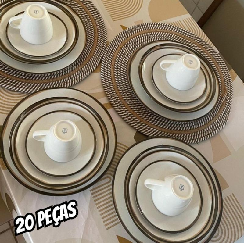 Aparelho De Jantar Canyon Em Porcelana Decorada 20 Peças Tramontina Off-white/branco/bege/marrom Filete