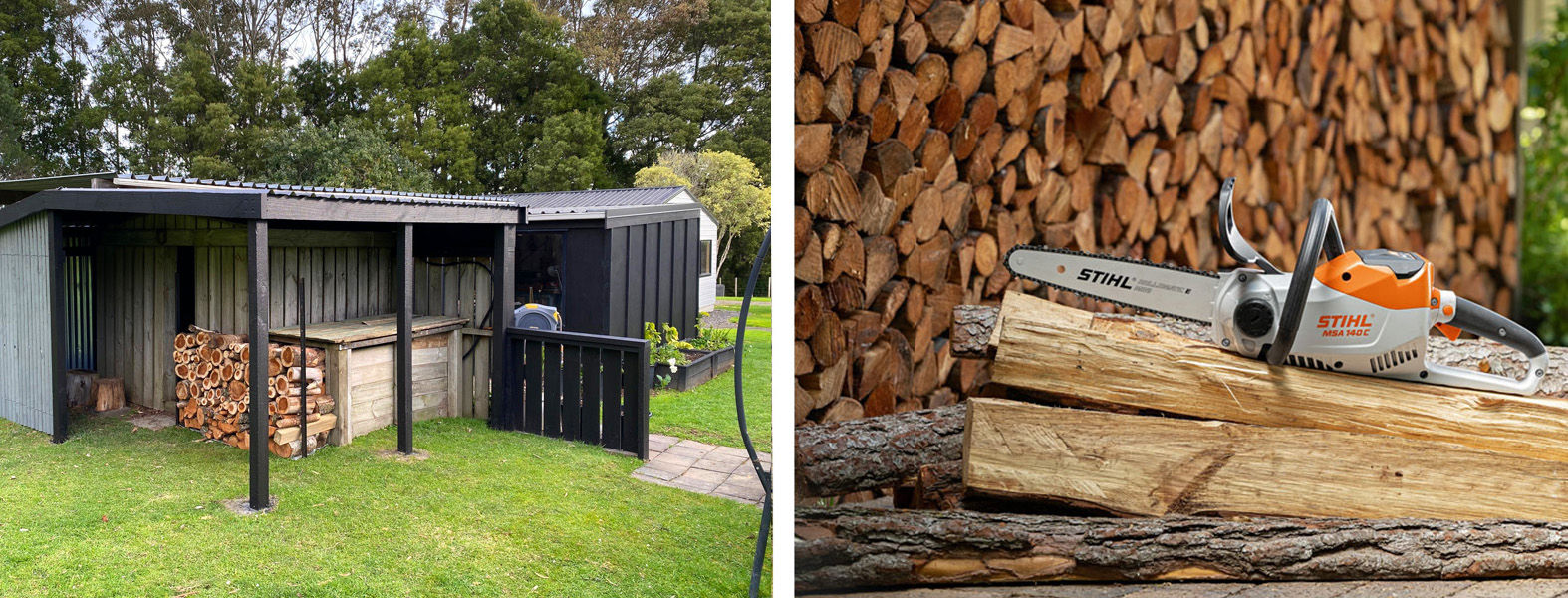 Chainsaw sitting on log and firewood stacked neatly in wooden storage under shelter