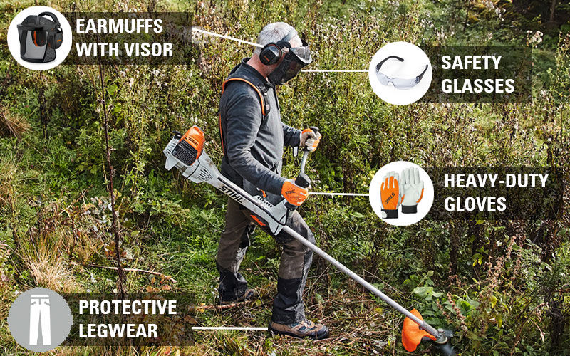 Illustration showing PPE to wear when using Brushcutter