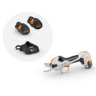 STIHL ASA Battery Secateurs with 2 AS 2 Batteries and an AL 1 Charger on a white background