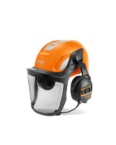 STIHL Helmset Advanced X-Vent ProCom Earrmuffs and Helmet set on white background