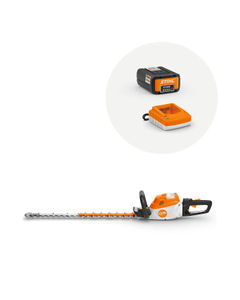 STIHL HSA 140 T Battery Hedgetrimmer with battery and charger on a white background 