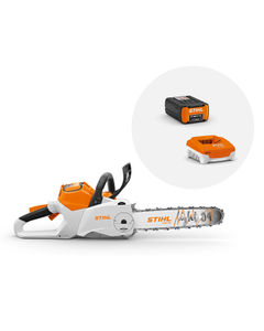 STIHL MSA 220 Battery Chainsaw and Battery & Charger. On a white background.