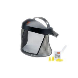 STIHL Nylon Mesh Visor with Ear Plugs on a while background