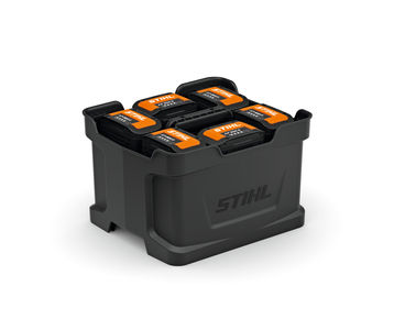STIHL AP Battery Carrier black box with 6 batteries on white background