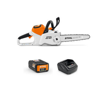 STIHL MSA 160 Battery Chainsaw with Ap 200 Battery and AL 301 Charger on white background