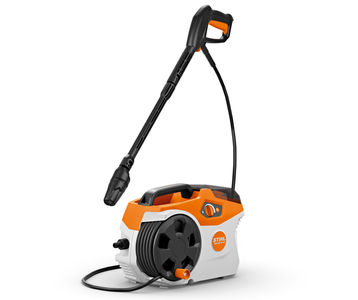 STIHL REA 60 Battery Water Blaster with hose reel visible and spray gun on a white background