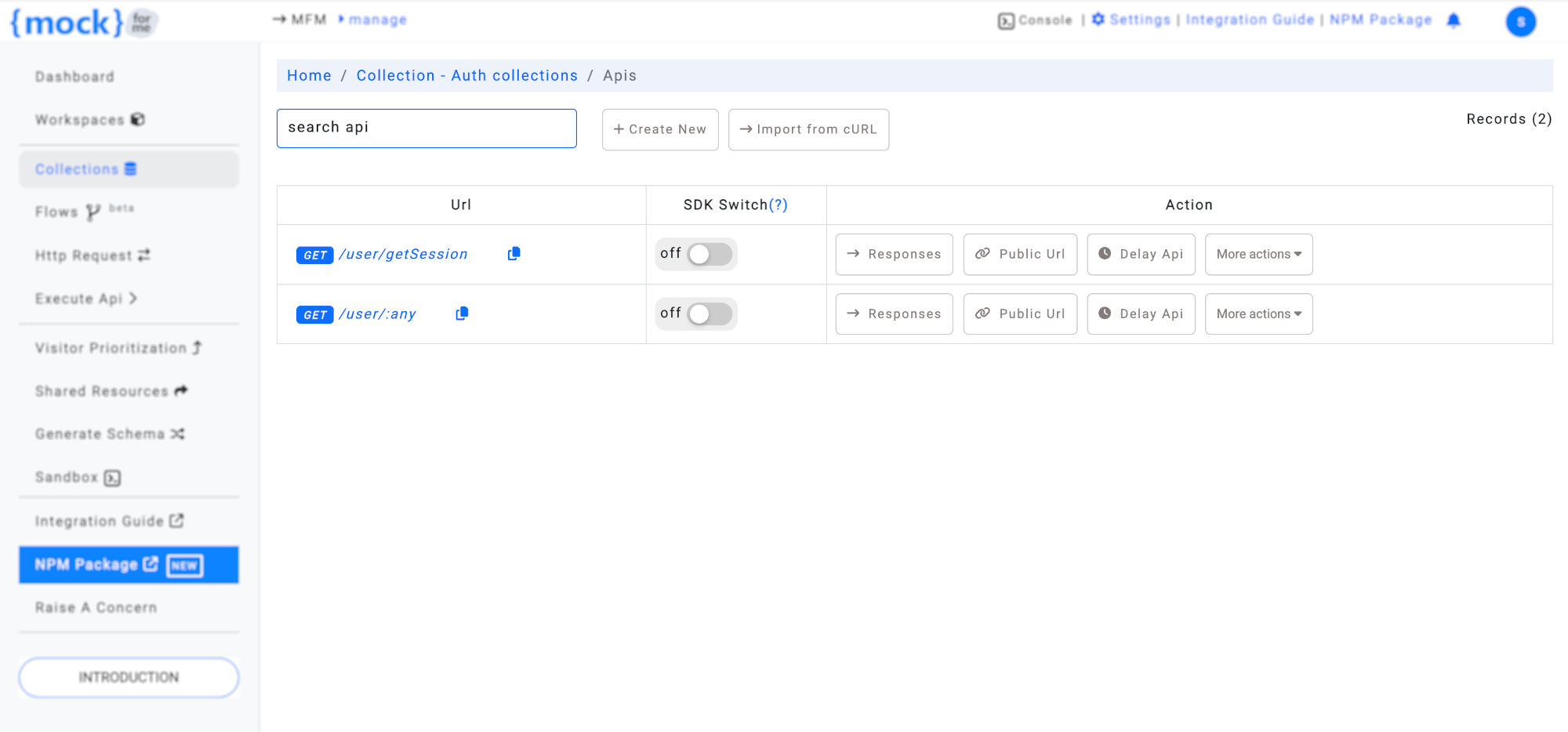 API listing in mockforme – mock REST APIs for development