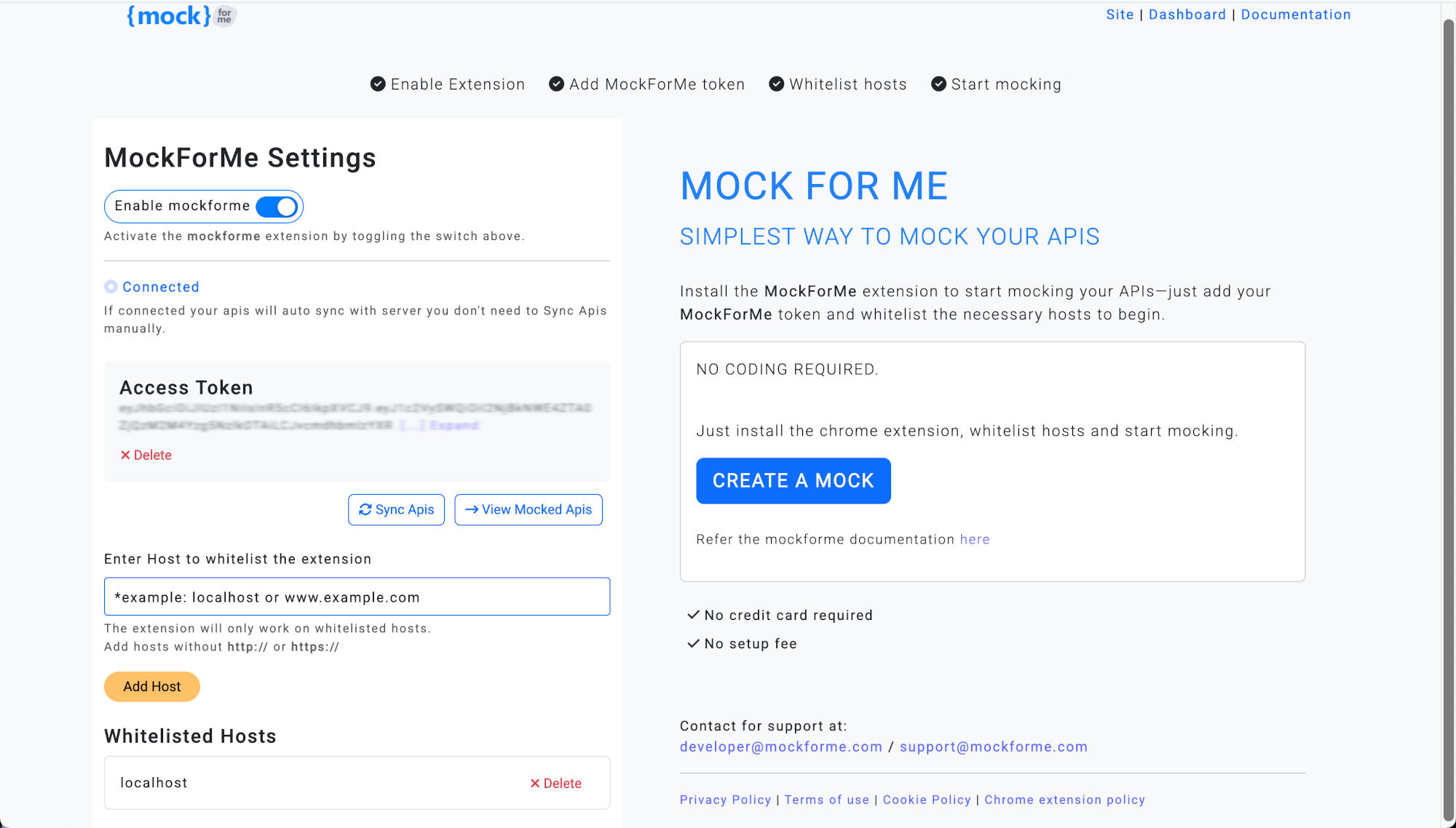 Chrome extension settings with token - mockforme