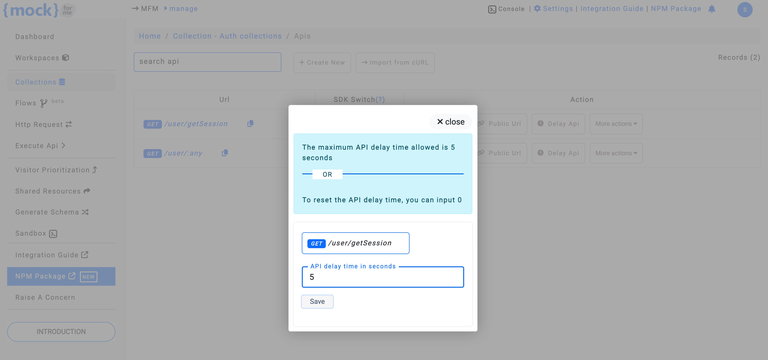 Set delay on mock API endpoint to simulate slow response using mockforme