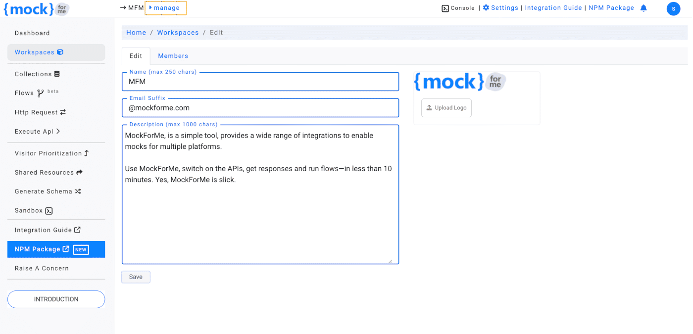 Edit workspace settings in mockforme