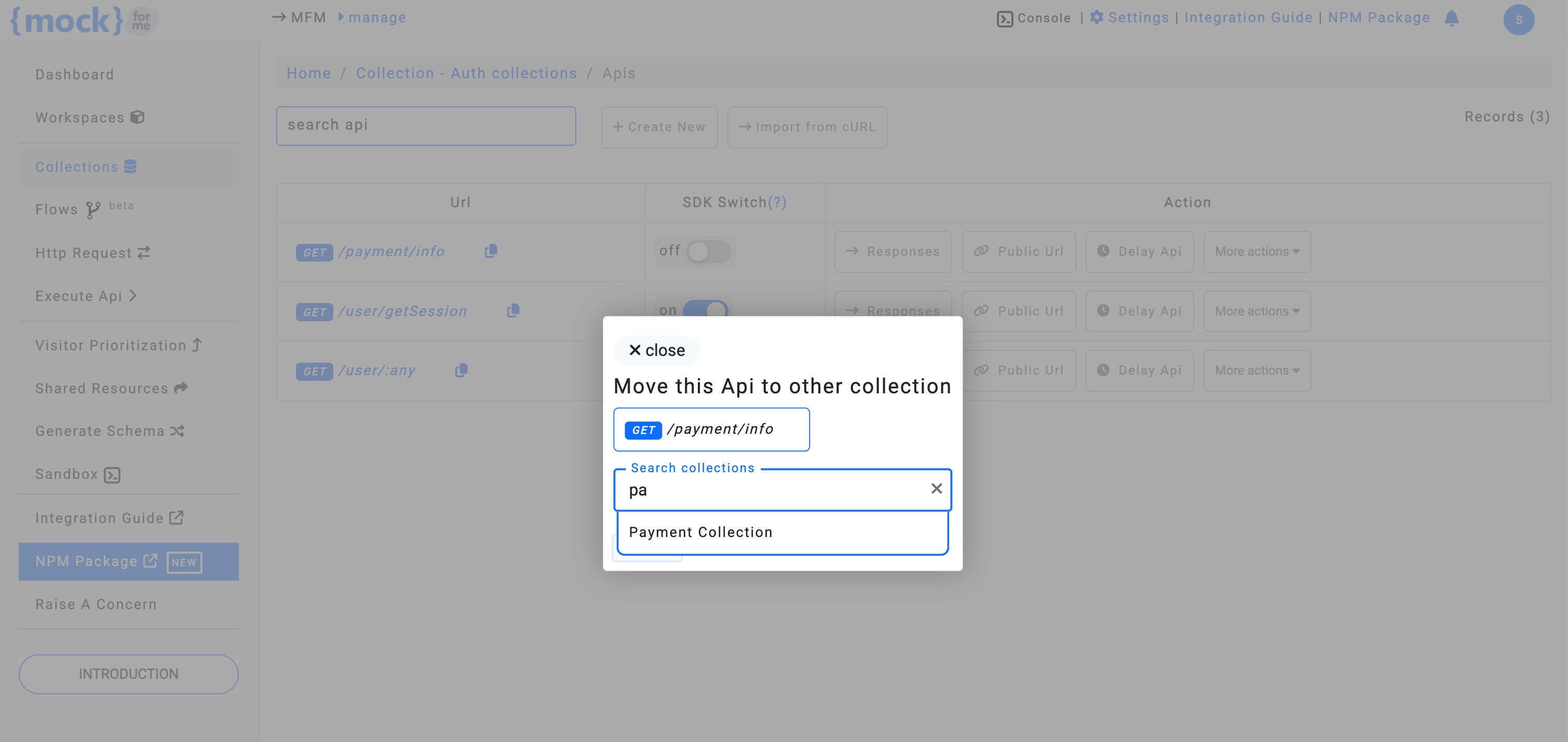 Search and select target collection to move mock API