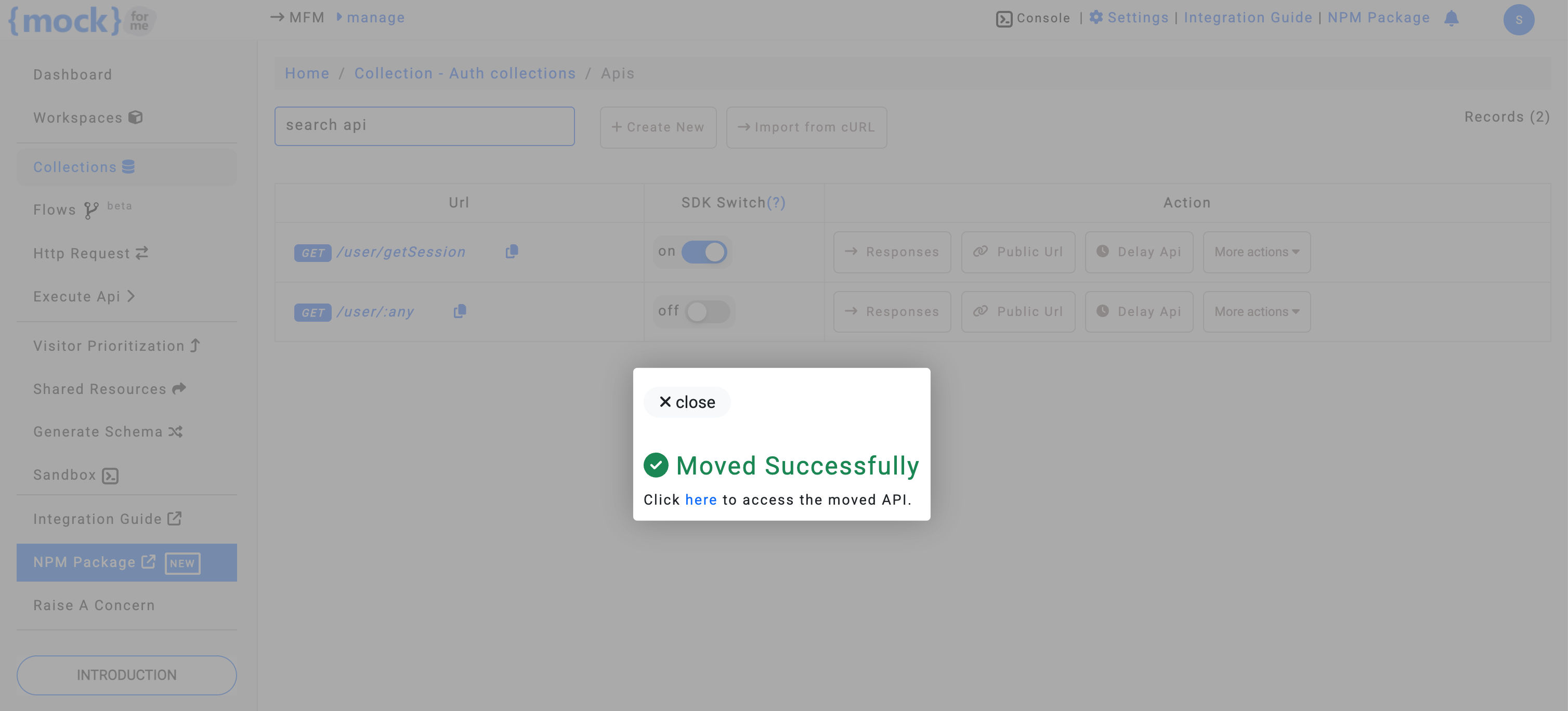 Mock API moved to another collection confirmation
