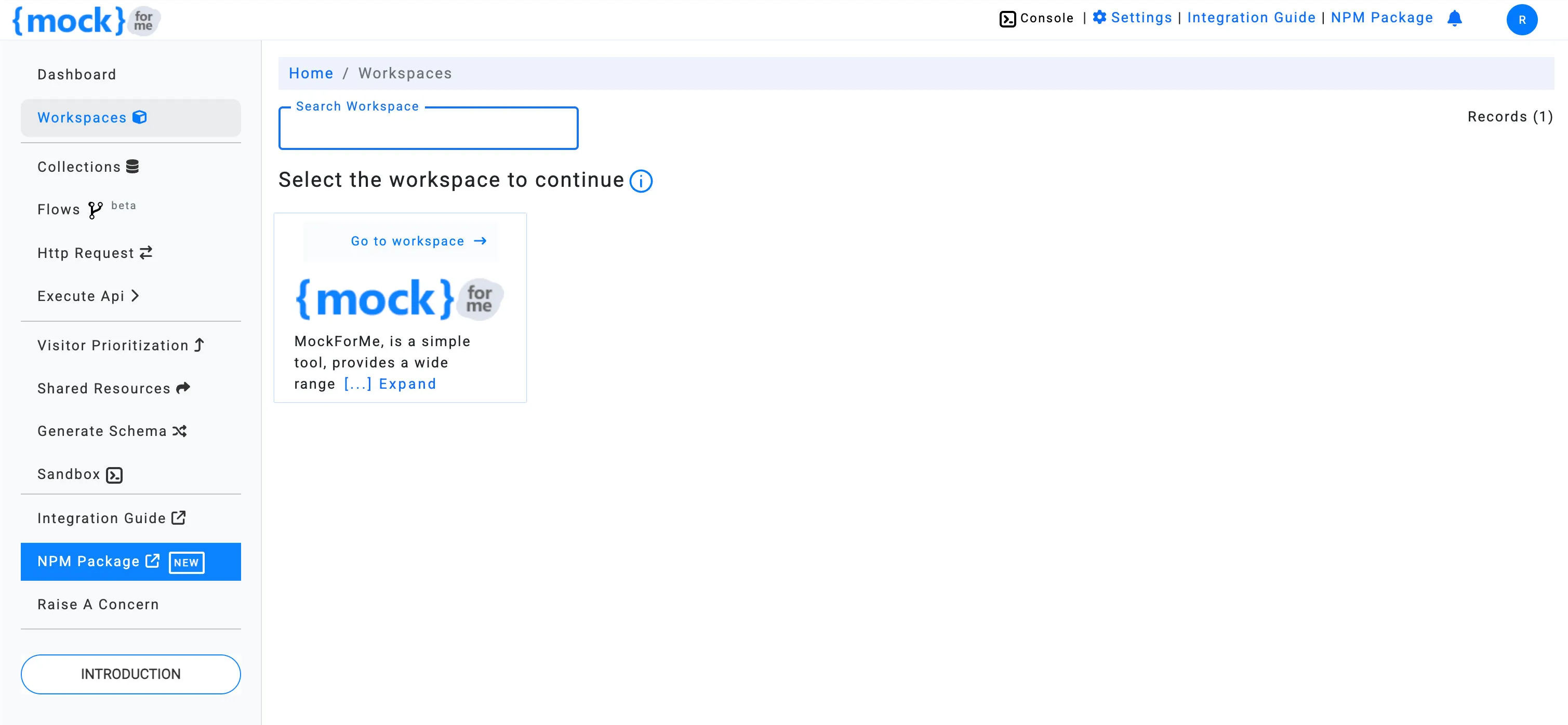 Select a workspace in mockforme