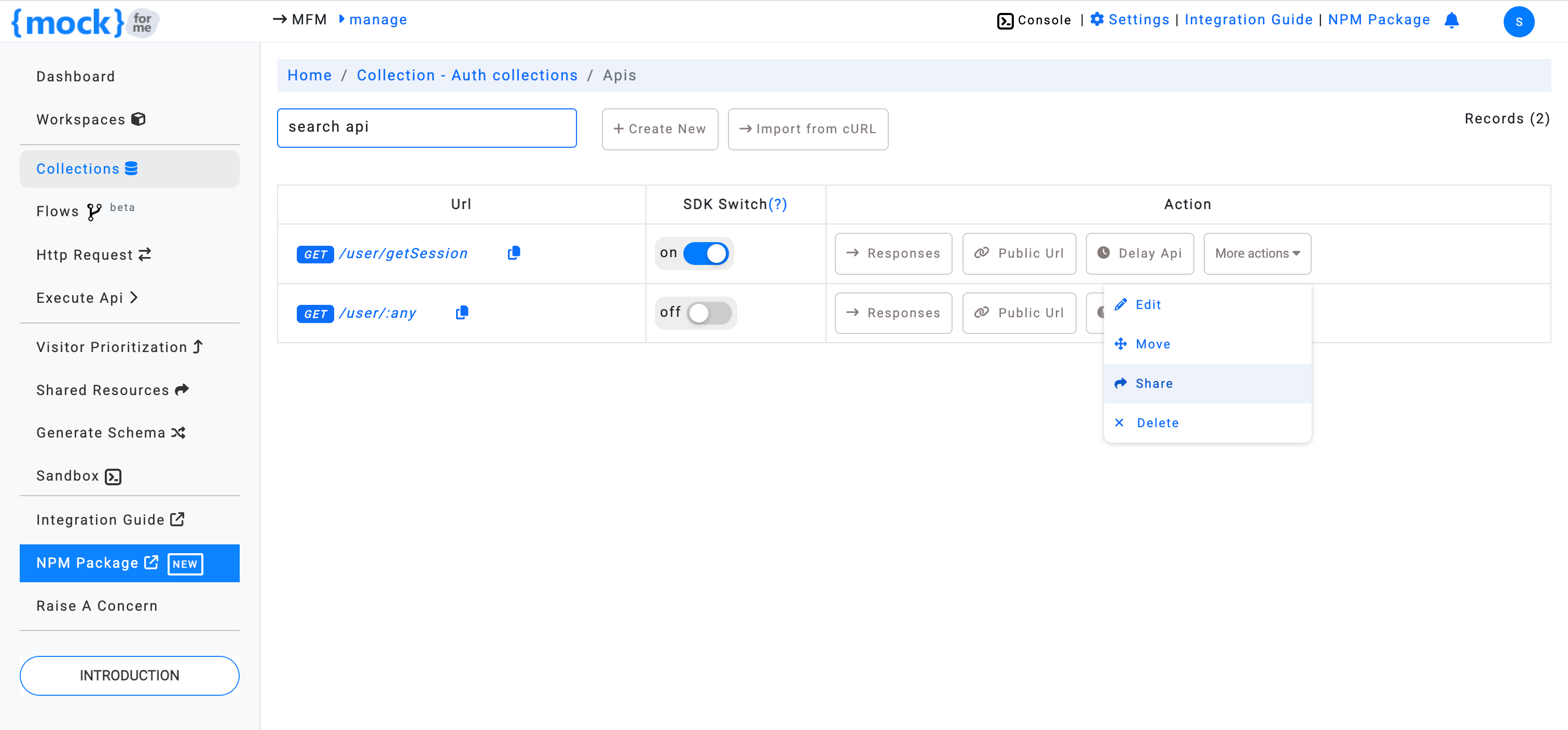 Share mock API option in dropdown menu – mockforme