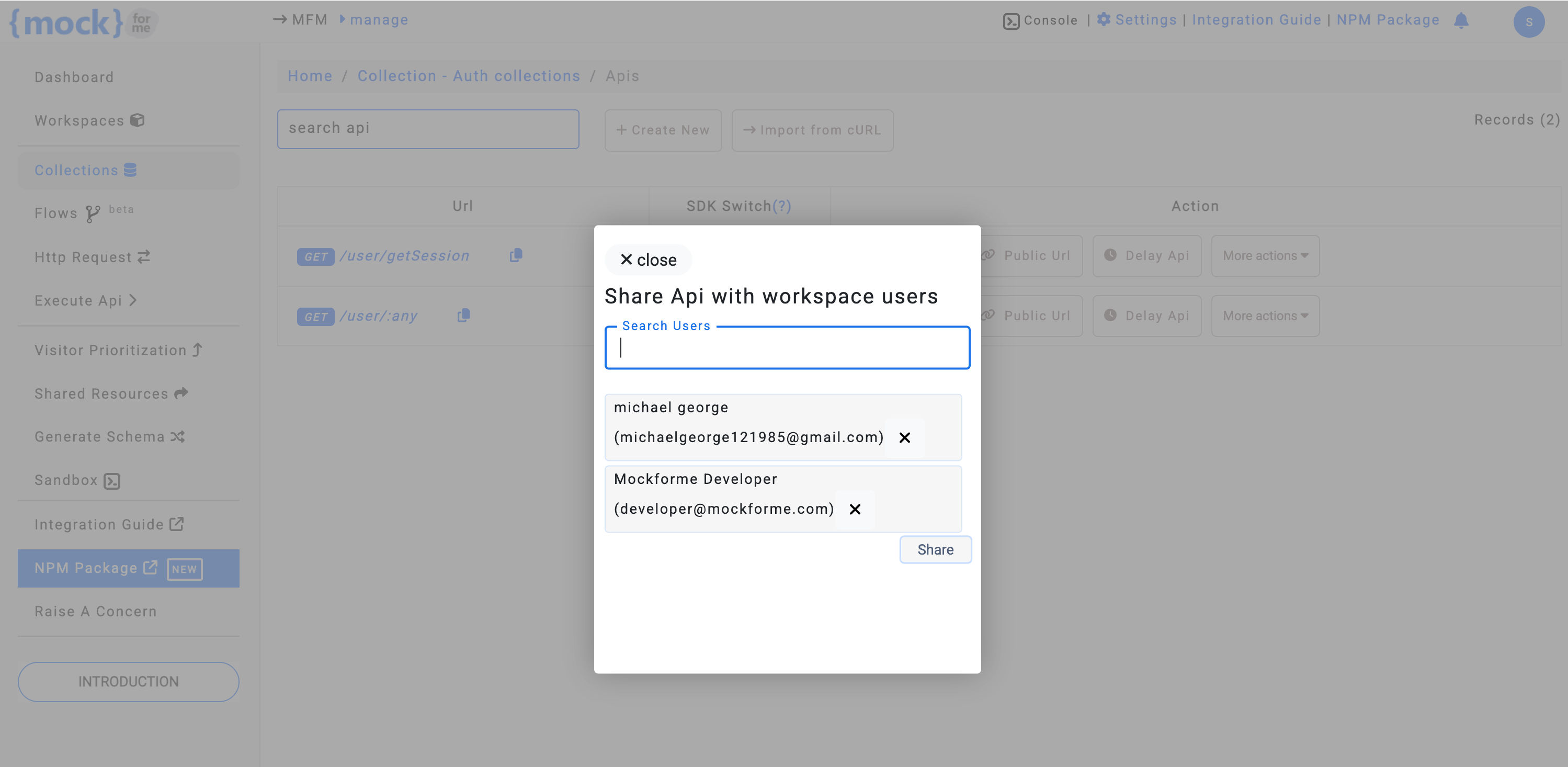 Select users to share mock API endpoint – mockforme