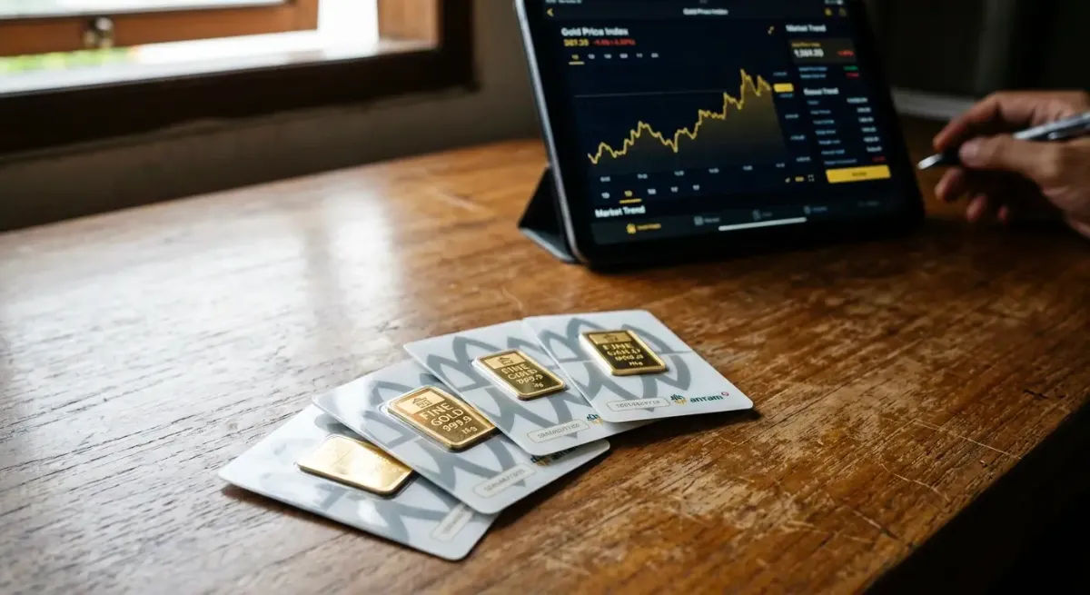 Tumpukan kepingan emas murni di atas meja bersanding dengan layar grafik finansial. Keputusan menjual kembali aset batangan ini memerlukan kalkulasi selisih harga pasar secara cermat.